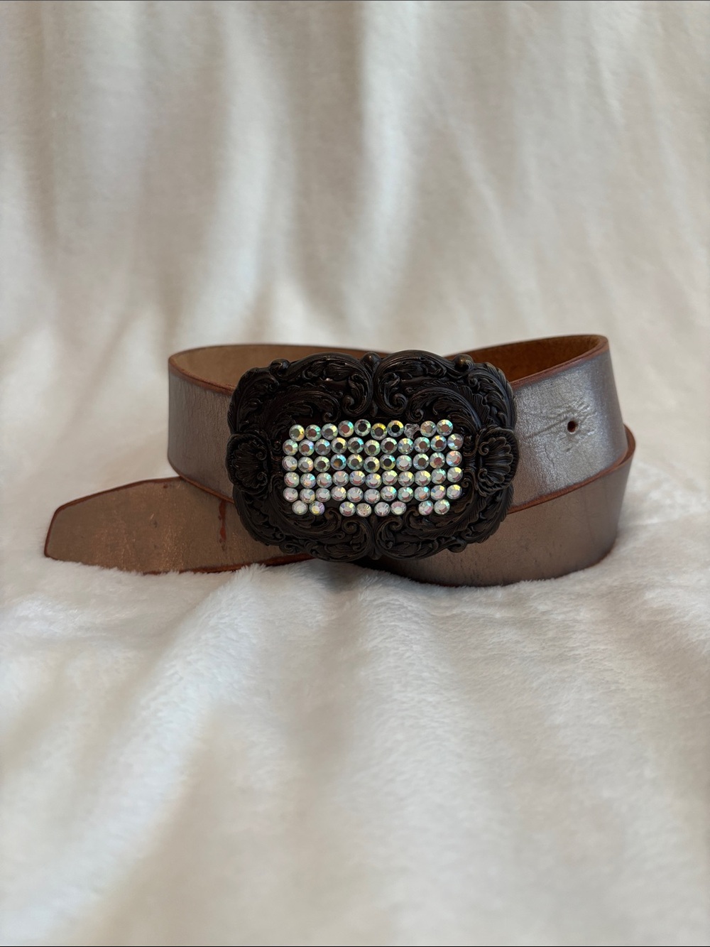 Fossil Brown Leather Belt with metal Decorative Buckle and Iridescent Stones